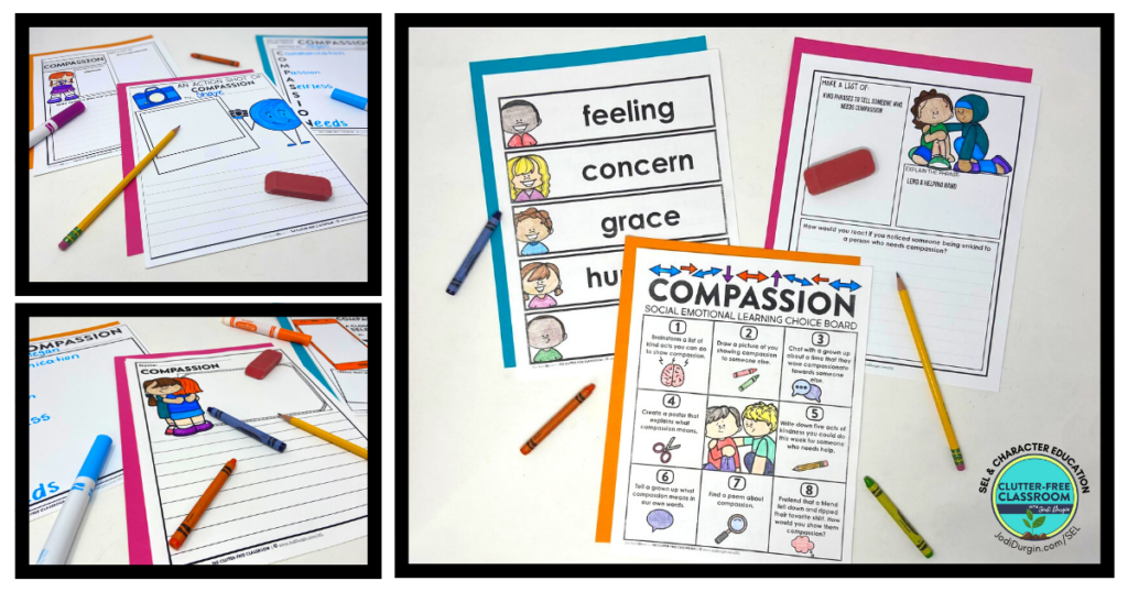 compassion vocabulary cards, choice board, and writing activities