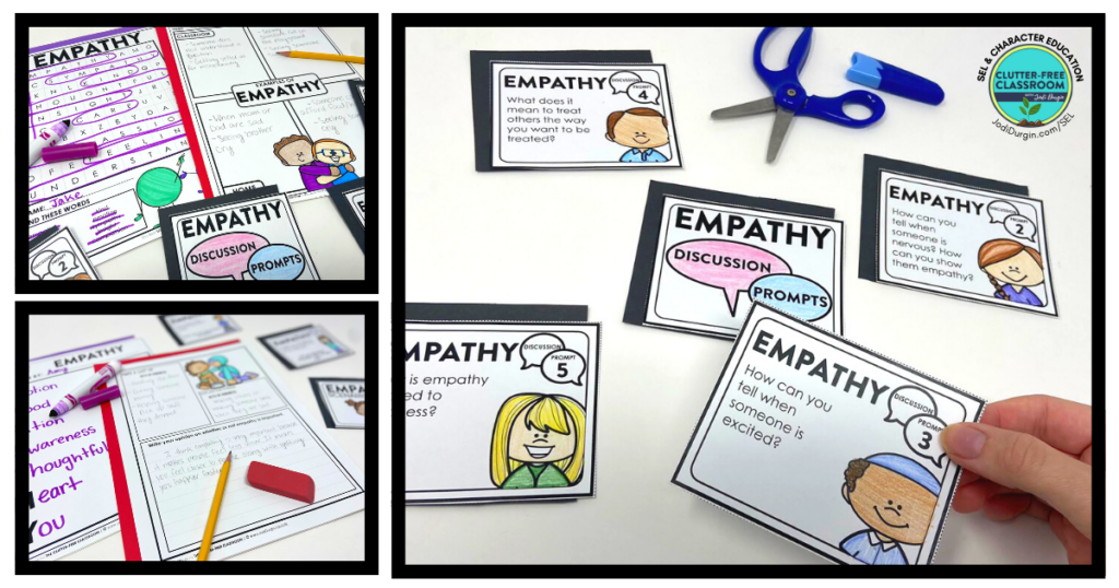 empathy discussion prompt cards, word search, and writing activities