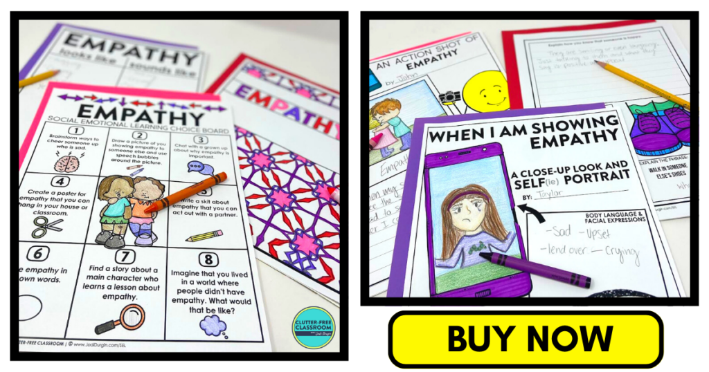 empathy choice board, coloring page, and writing activities