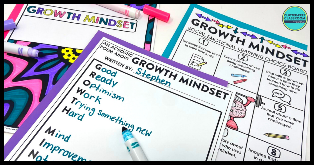 growth mindset coloring page, choice board, and acrostic poem