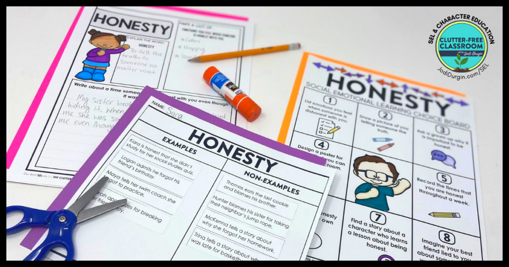 honesty choice board, sorting activity, and writing activity