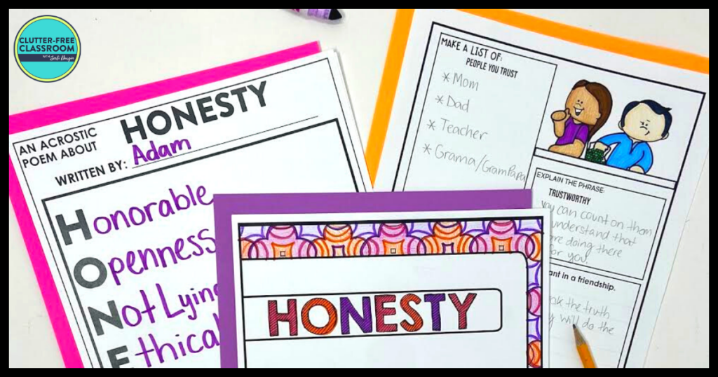 honesty writing activity, coloring page, and acrostic poem