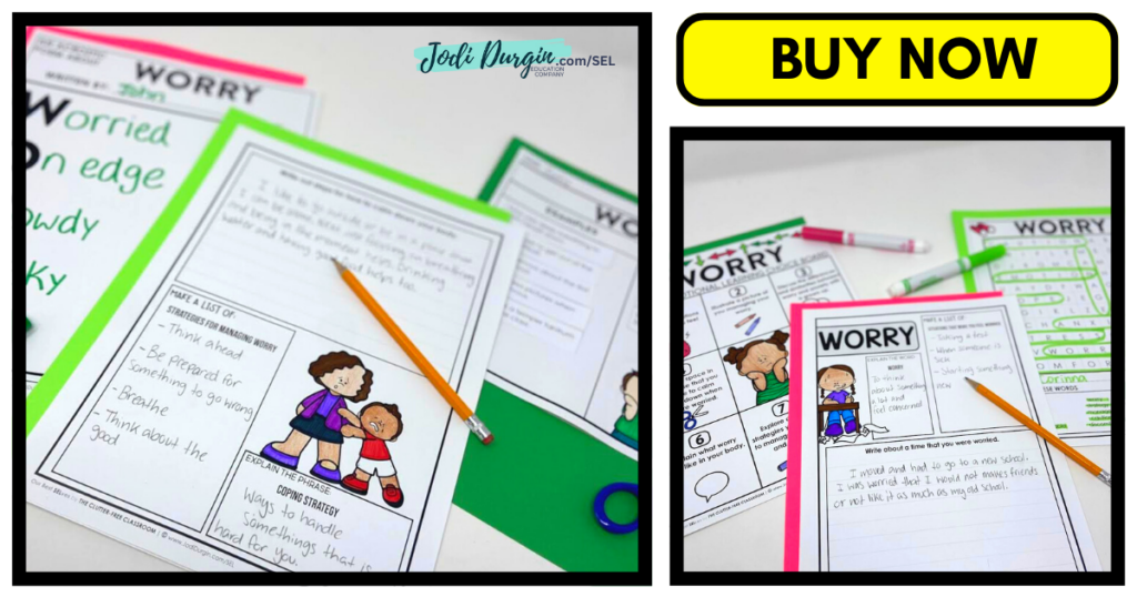 worry choice board, word search, acrostic poem, and writing activities