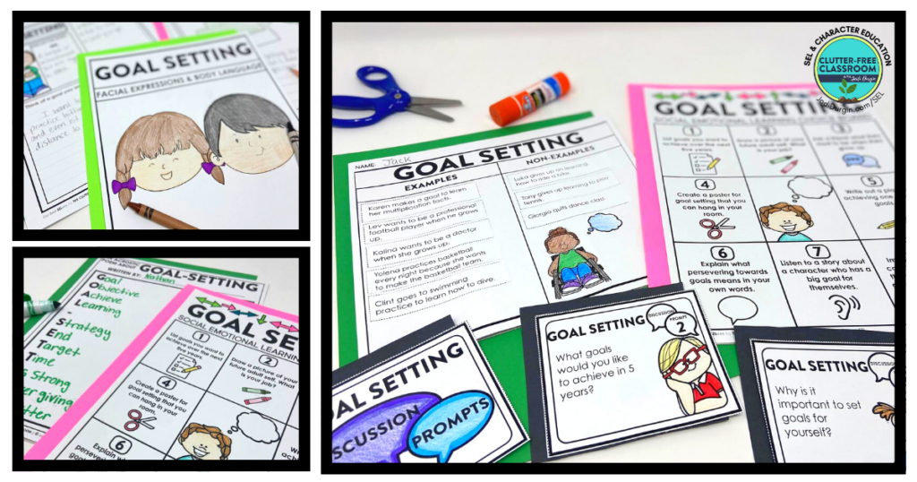 goal setting choice board, discussion prompts and example non-example chart