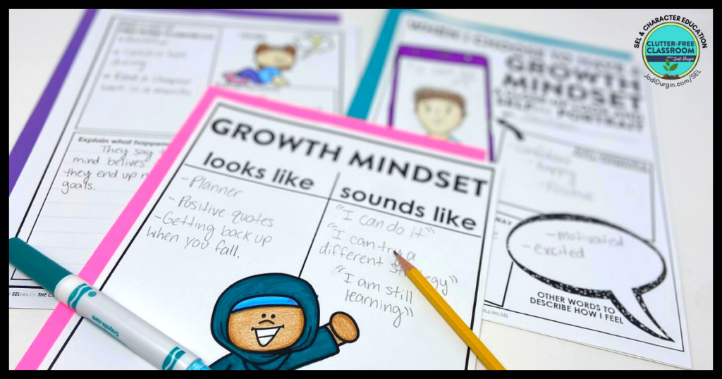 growth mindset looks like sounds like chart and writing activities