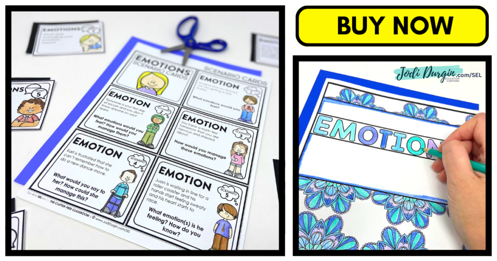 emotions coloring page and scenario cards