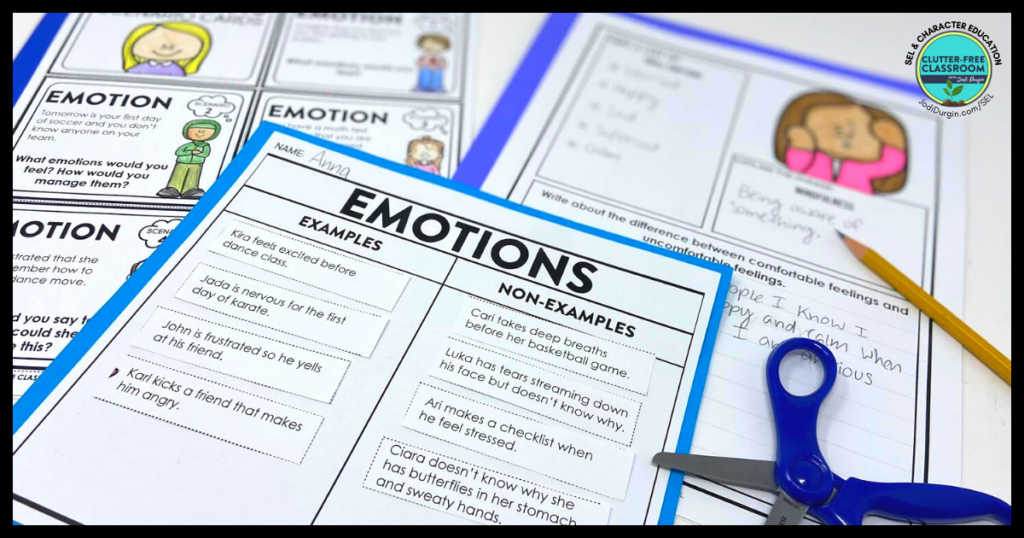 emotions examples and non-examples sort, scenario cards, and writing activity