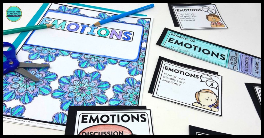 emotions coloring page, flip book, and discussion prompt cards