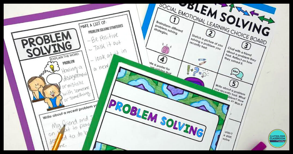 SEL problem solving choice board, coloring page, and writing activity