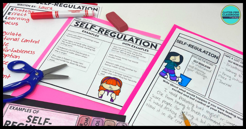 self-regulation acrostic poem, sorting activity, writing activity, and flip book
