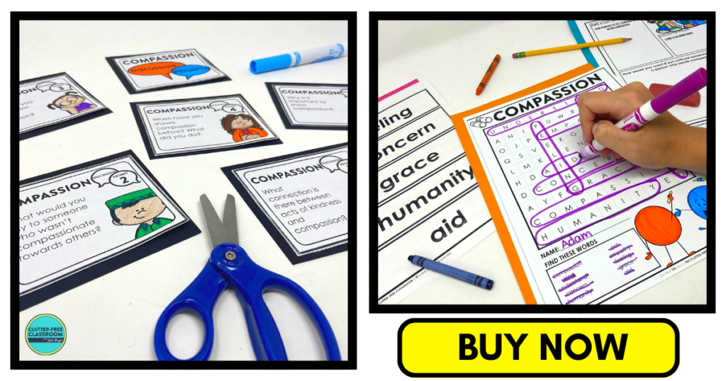 compassion vocabulary cards, word search, and discussion prompt cards