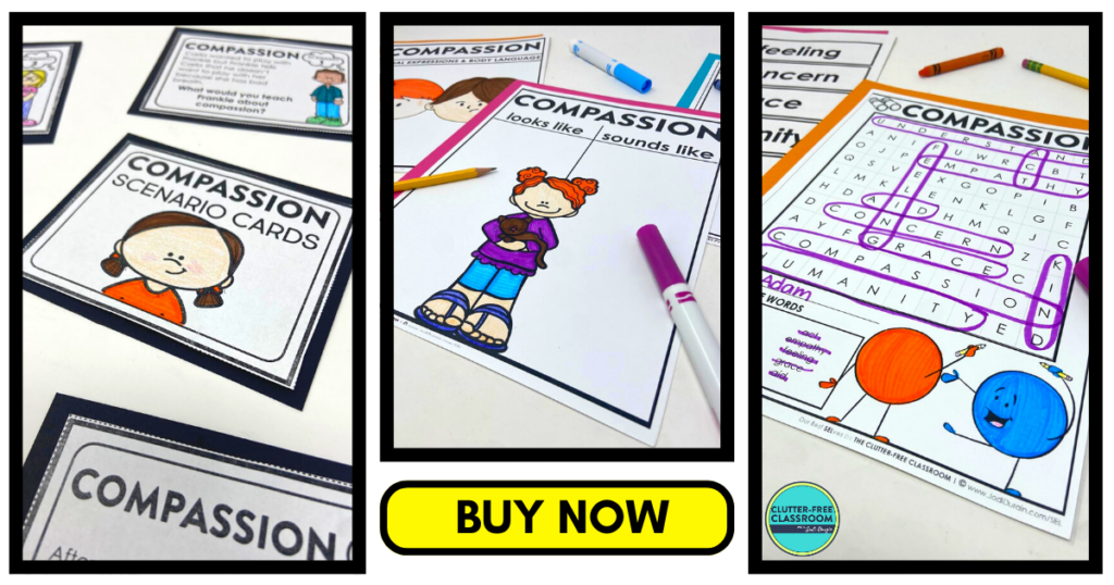 compassion looks like sounds like chart, scenario cards, and word search