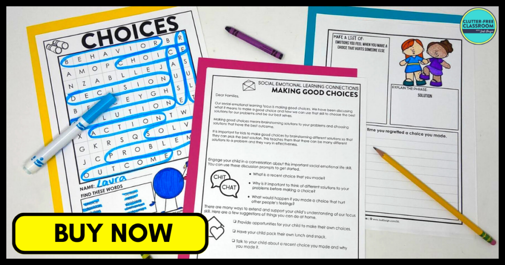 making good choices parent letter, word search, and writing activity