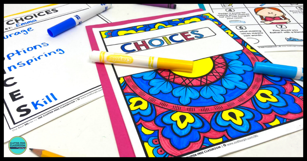 making good choices coloring page, acrostic poem and choice board