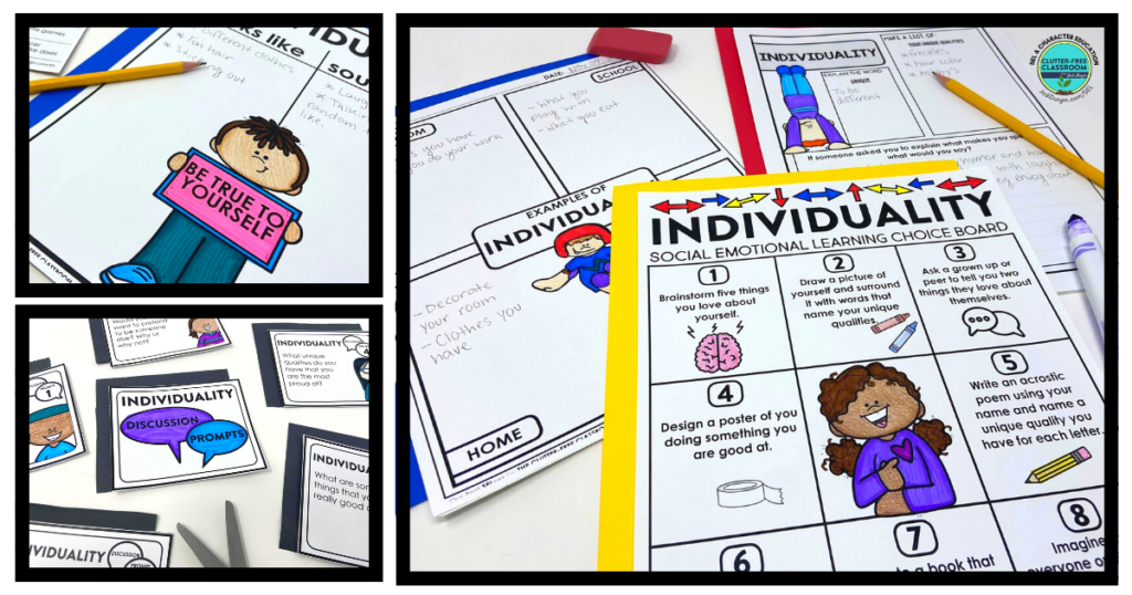 individuality choice board, discussion prompt cards, and writing activities