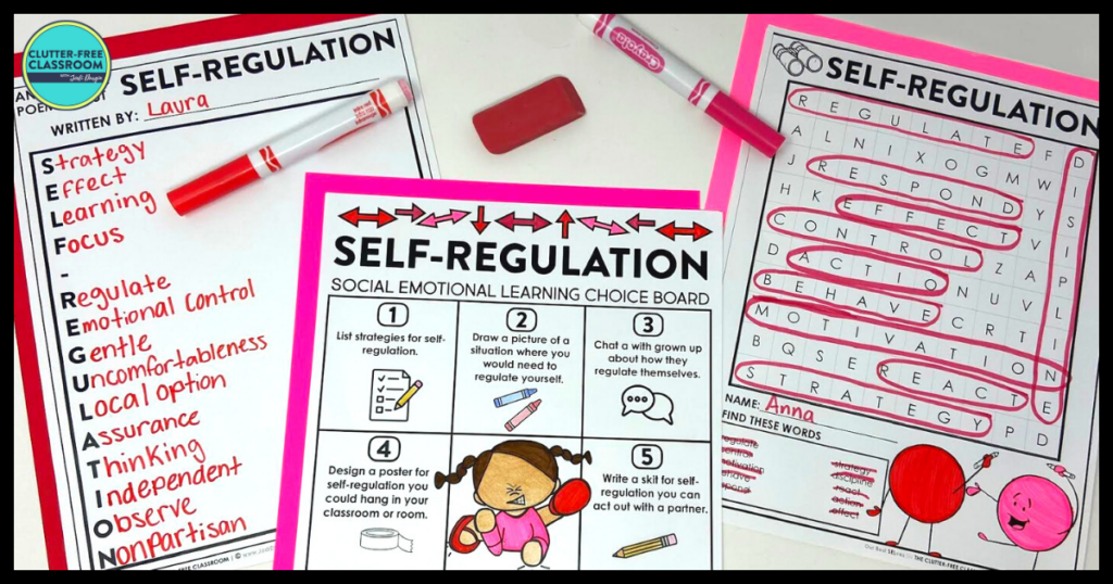 self-regulation choice board, acrostic poem, and word search