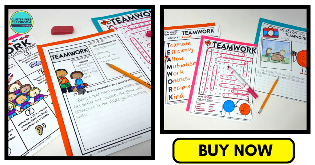teamwork choice board, word search, acrostic poem, and writing activities