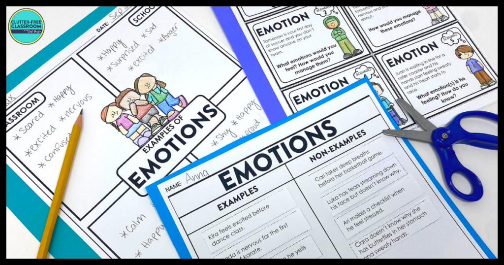 emotions examples and non-examples chart and writing activity