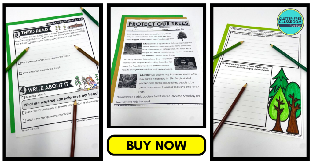 Three protect our trees reading comprehension worksheets