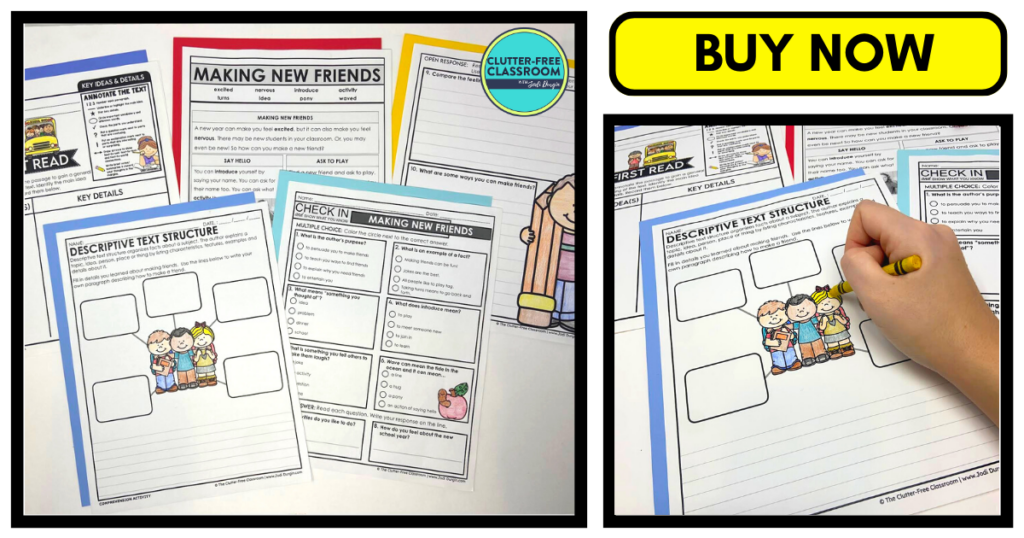 Five back to school reading comprehension activities accompanied by a worksheet close-up