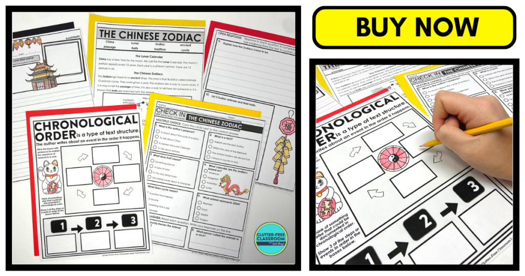 Five Chinese Zodiac literacy activities accompanied by a worksheet close-up