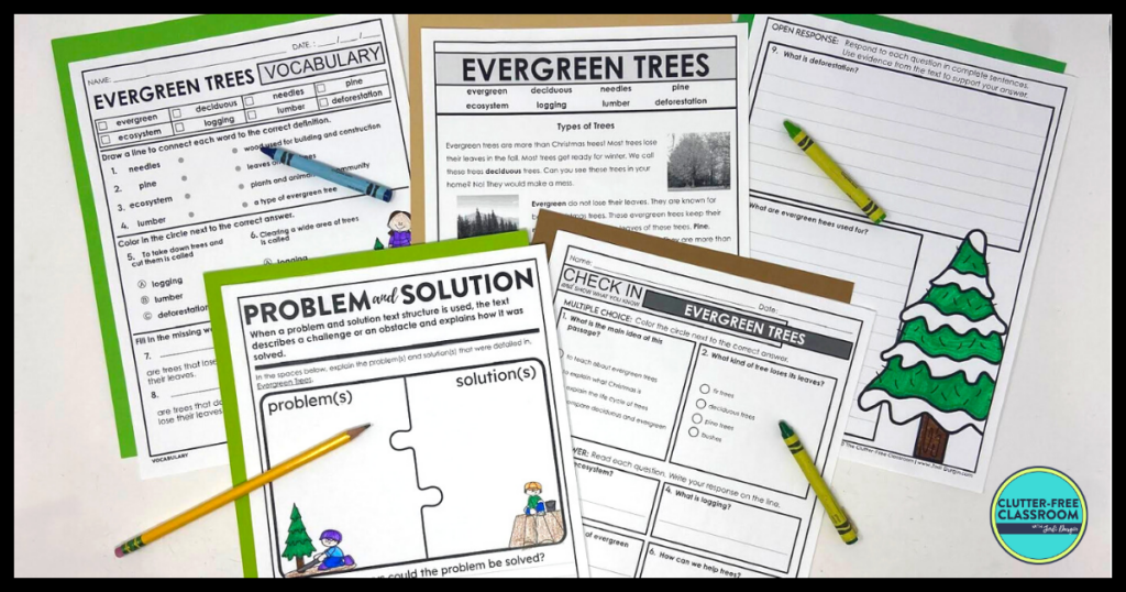 Five reading comprehension worksheets about evergreen trees