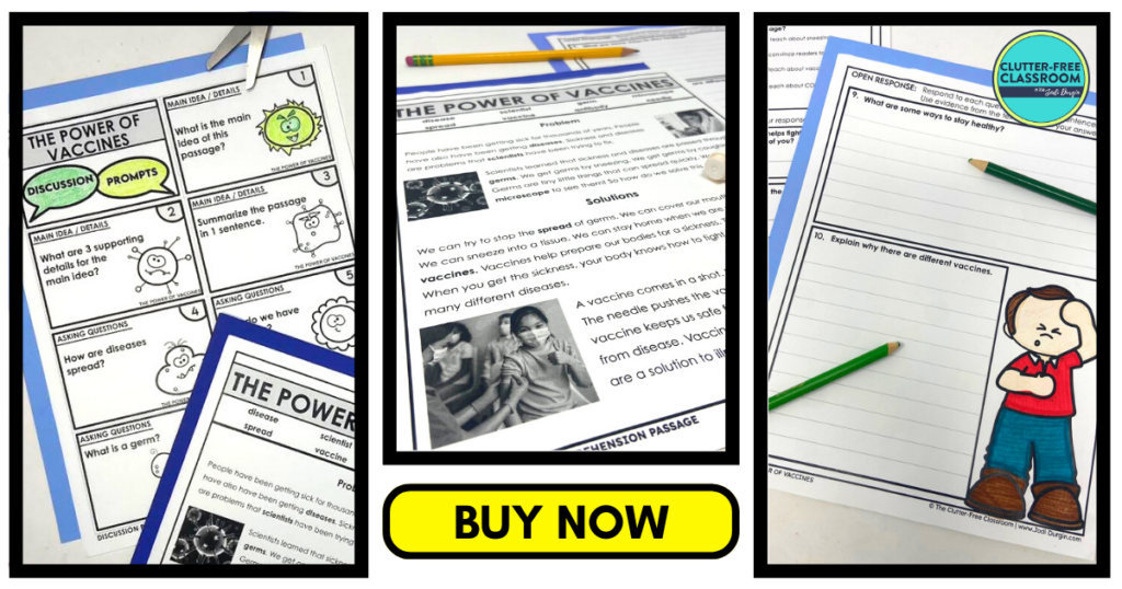 Three literacy worksheets about the power of vaccines