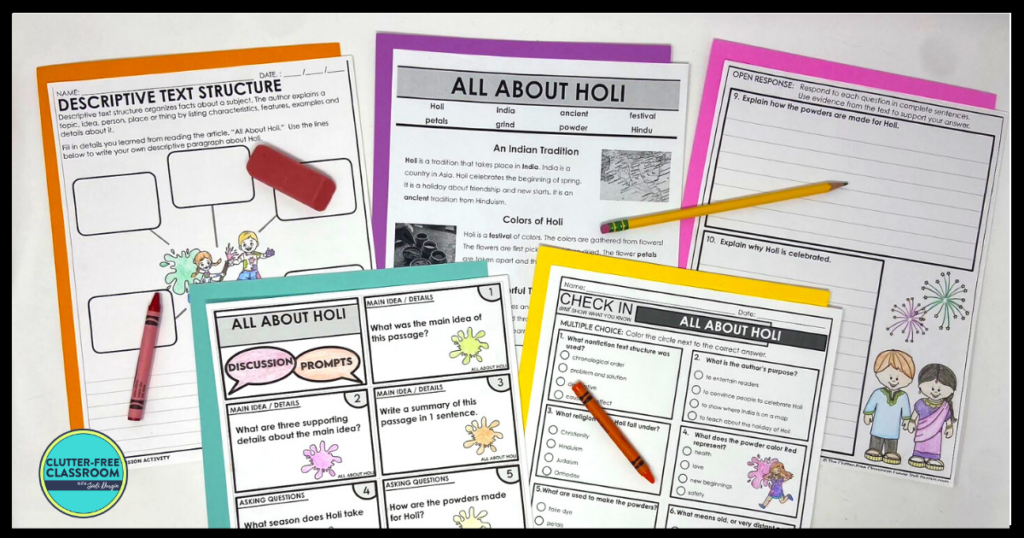 Five Holi reading comprehension worksheets