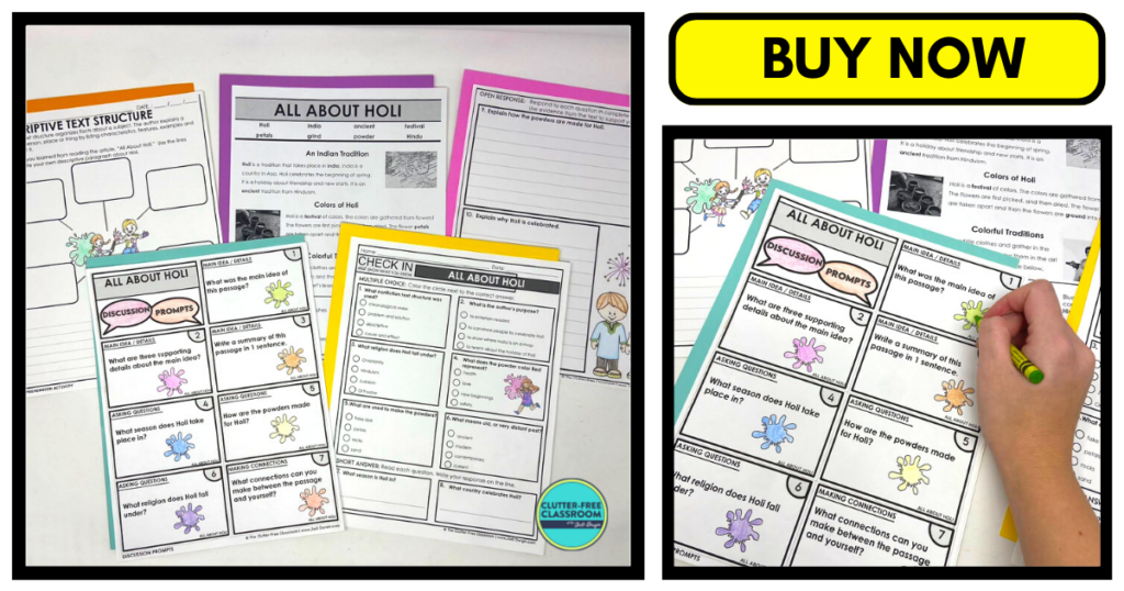 Five Holi literacy worksheets accompanied by an activity close-up