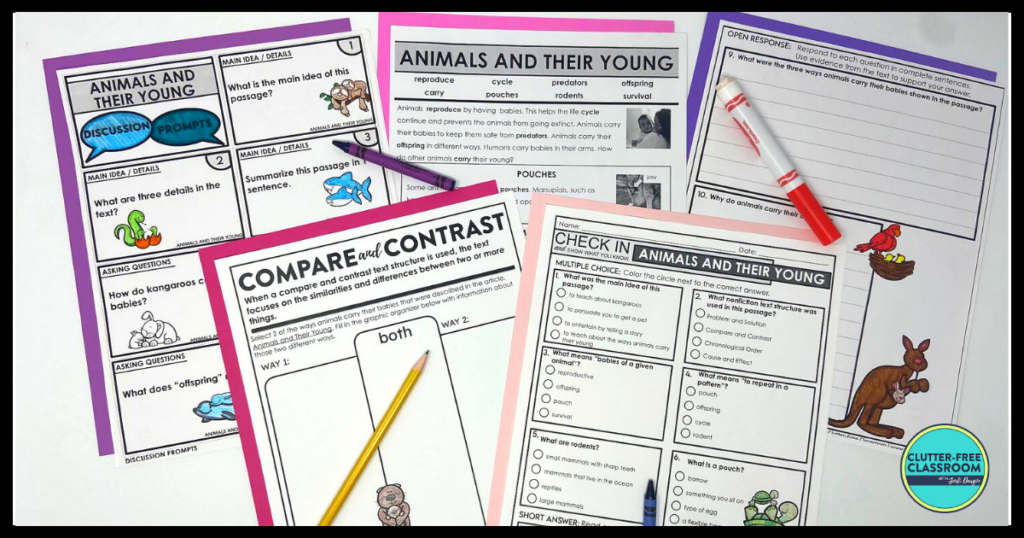 Five animals and their young reading comprehension activities