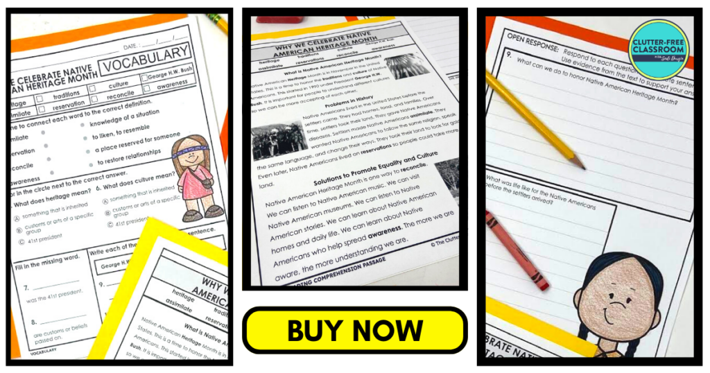 Three reading comprehension worksheets about why we celebrate Native American Heritage Month