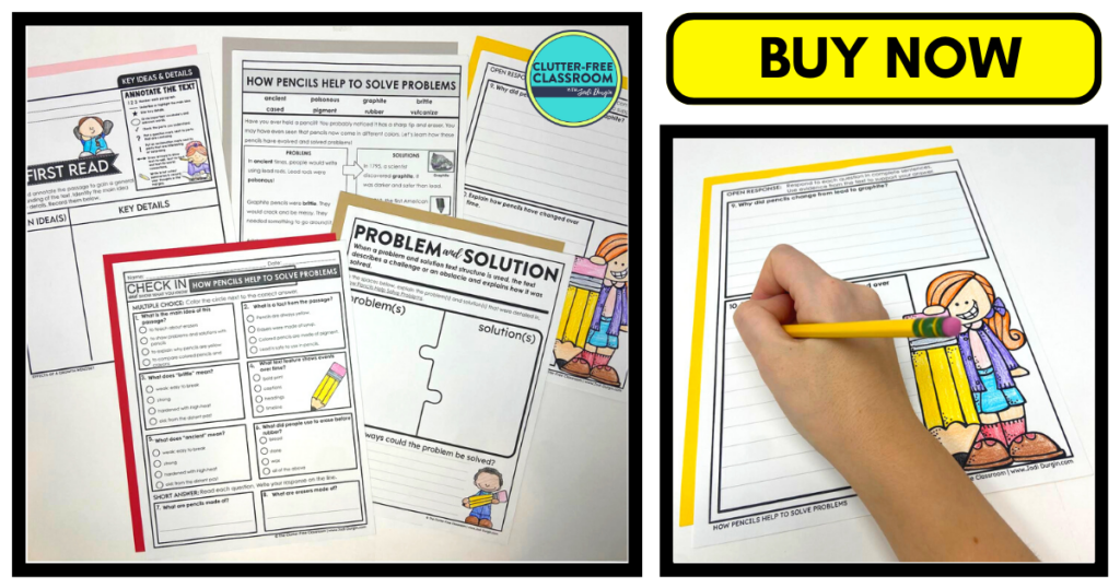 Five pencil reading comprehension activities accompanied by a worksheet close-up