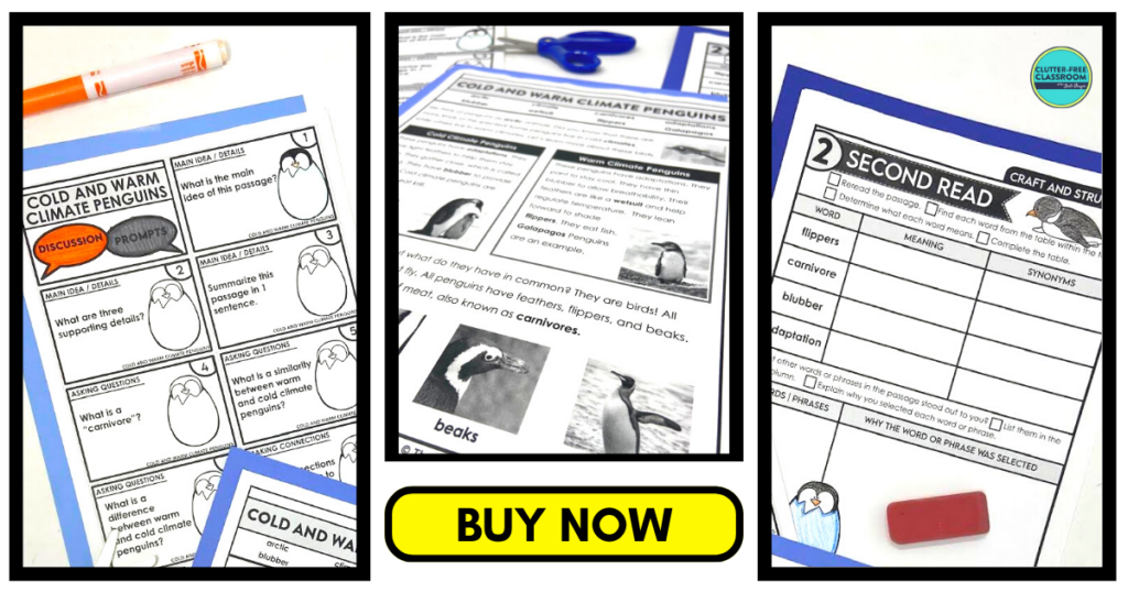 Three literacy worksheets about cold and warm climate penguins