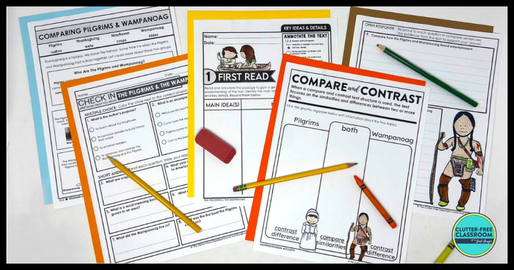 Five Thanksgiving reading comprehension worksheets